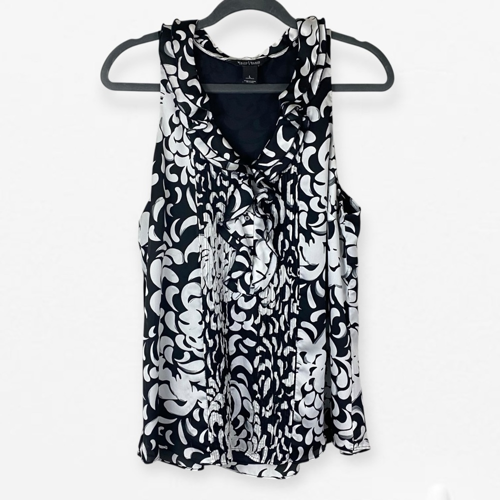 White House Black Market Ruffled Black and White Career Blouse Top L - Picture 5 of 9